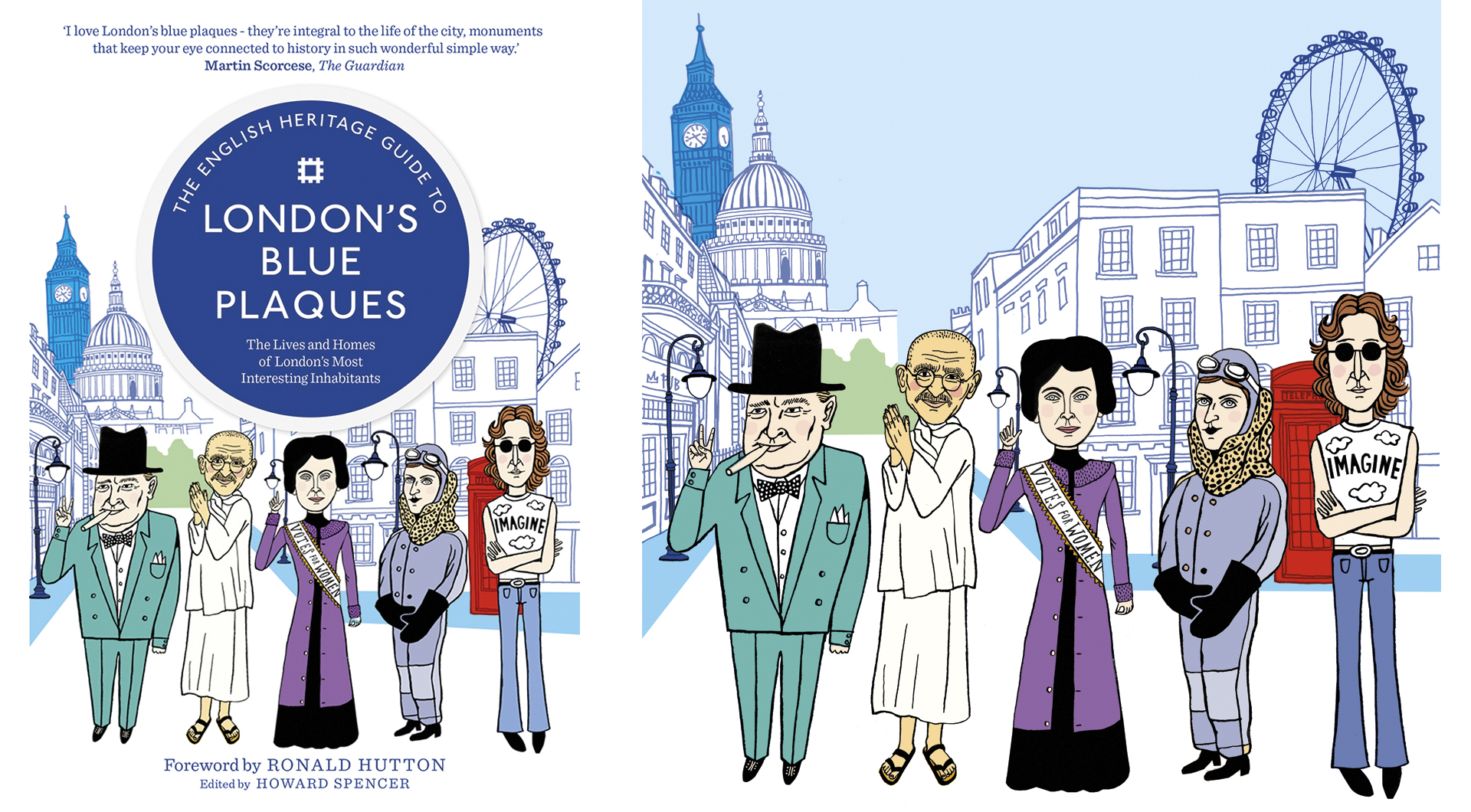Maria Raymondsdotter | Bokomslag med några Londonbor: Winston Churchill, Gandhi, Emily Pankhurst, Amy Johnson and Lennon.